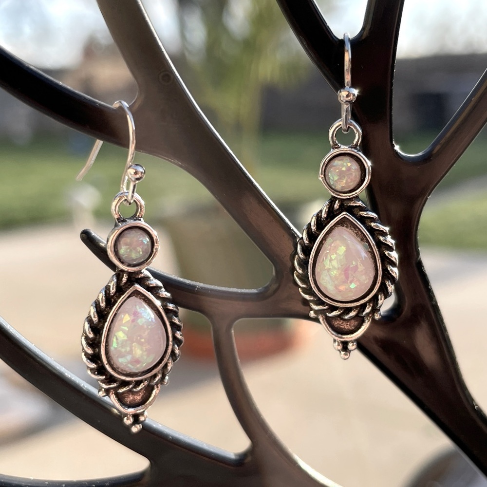 Pretty opal tear drop dangle earrings Simulated sparkly opal metal boho gift